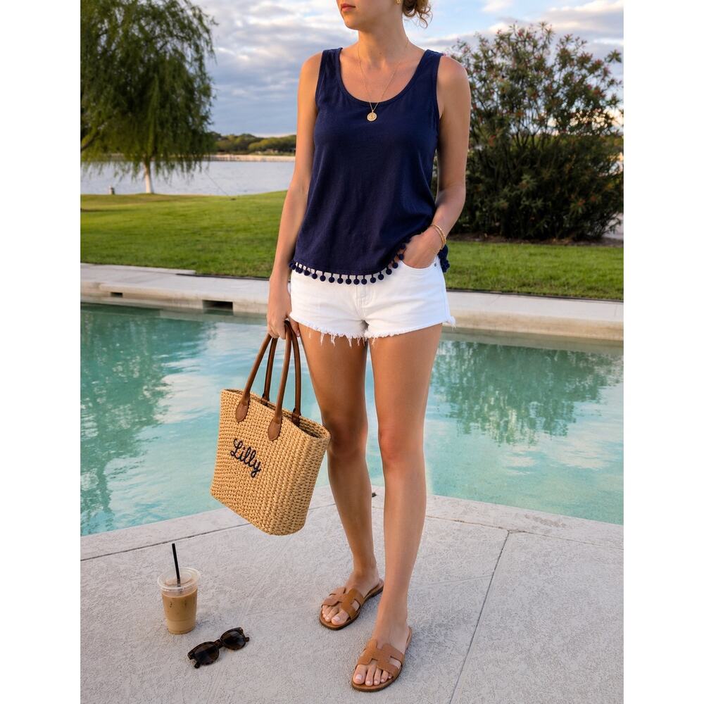 Lilly Pulitzer Navy Pom Pom Trim Tank Top Resort Beach Cover Up Sleeveless M